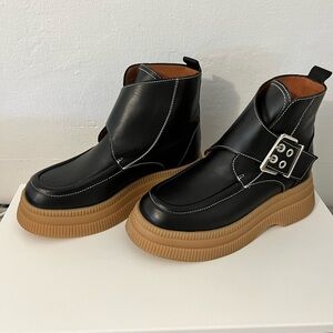 Ganni Black Ankle Boots with Tan Soles